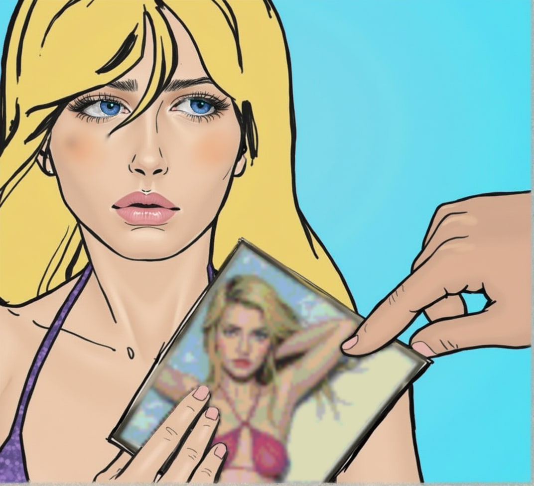 Robin, embarrassed, holding a picture of her sister in a BDSM scene